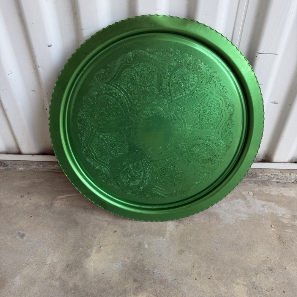 VTG‎  Green Anodized Aluminum Serving Tray 13.5" Round Embossed Floral Scalloped